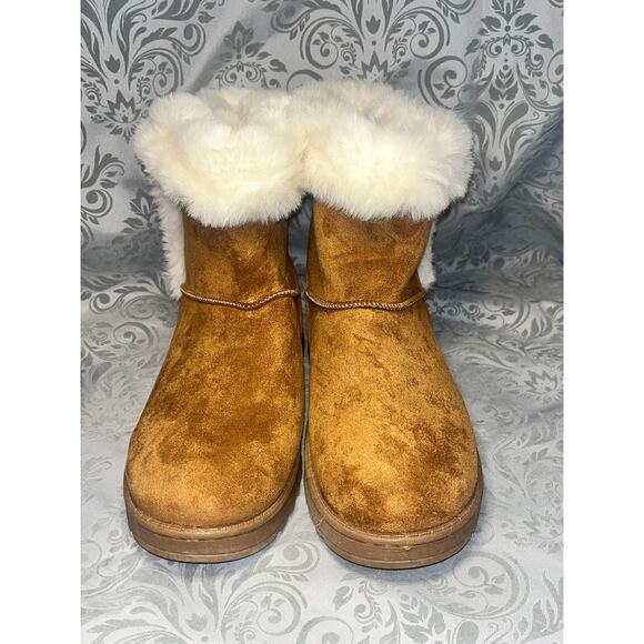 SO Faux Shearling Ankle Boots Tan Cream Fur Size - Picture 4 of 4